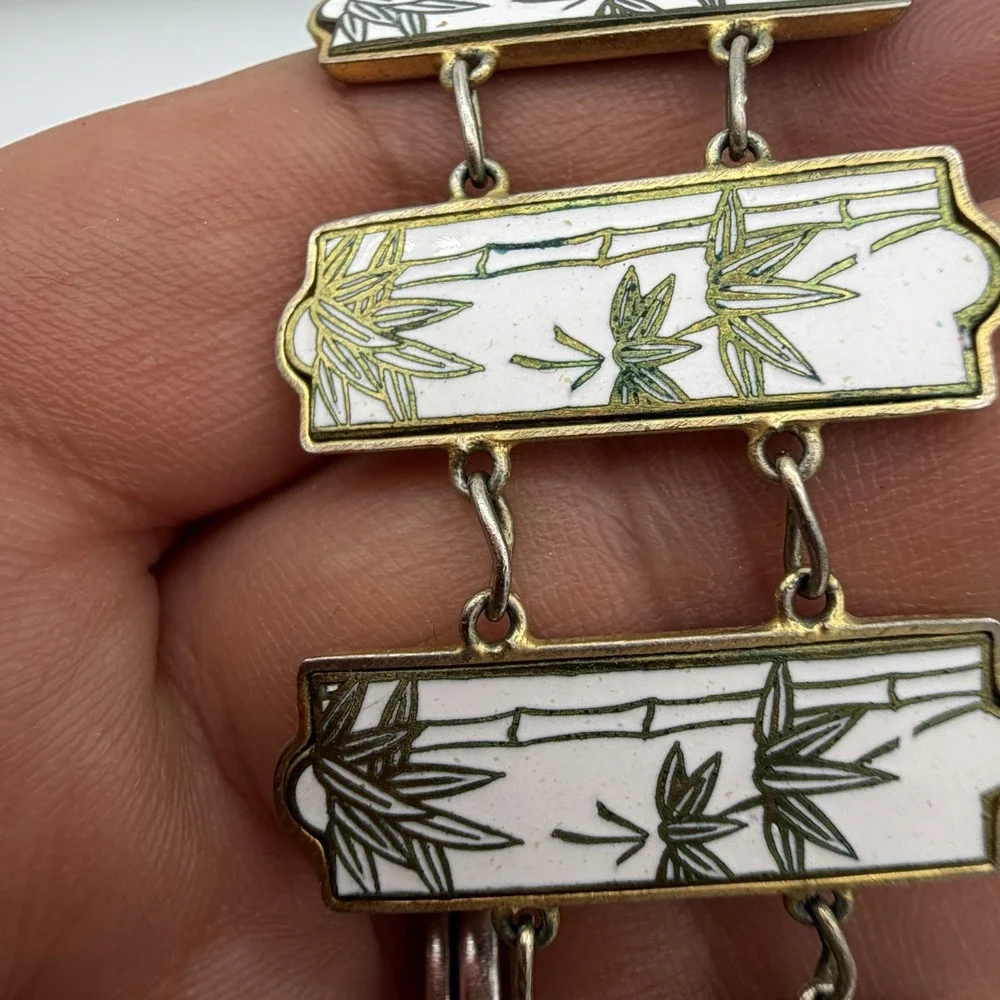 Vintage Japanese Satsuma Bamboo Bracelet Inlay Link Panel Security Chain Read